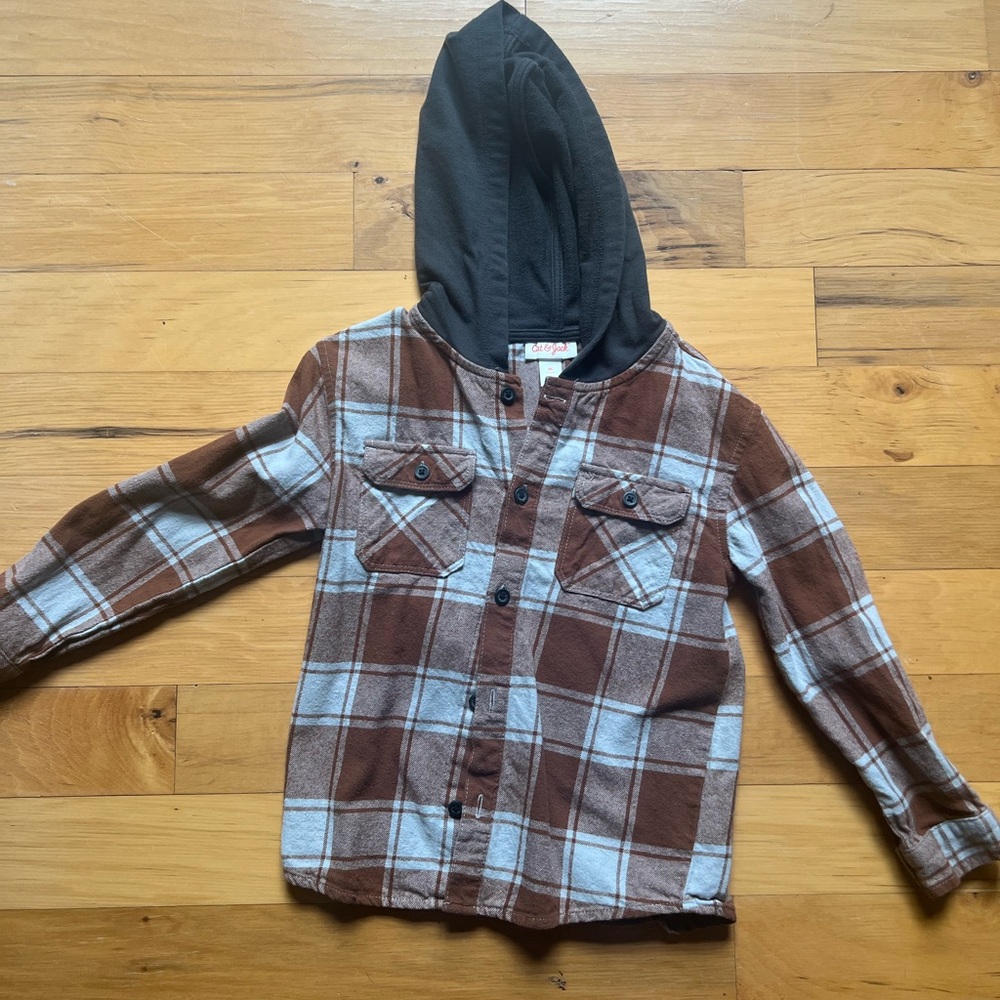 Cat & Jack Brown and Gray Plaid Button Down Shirt with Hood